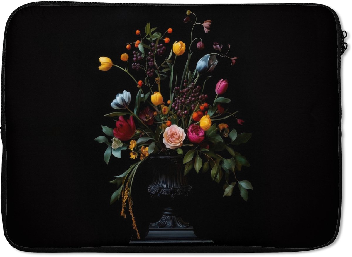 Laptophoes 13 inch - Klassiek - Vaas - Boeket - Bloemen - Laptop sleeve - Binnenmaat 32x22,5 cm - Zwarte achterkant