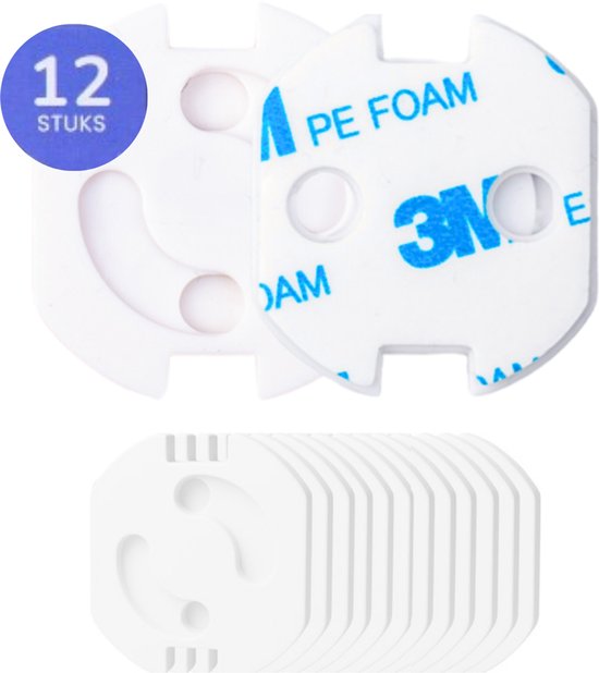 Twaalf witte stopcontactbeveiligers in een verpakking. Label "12 stuks".