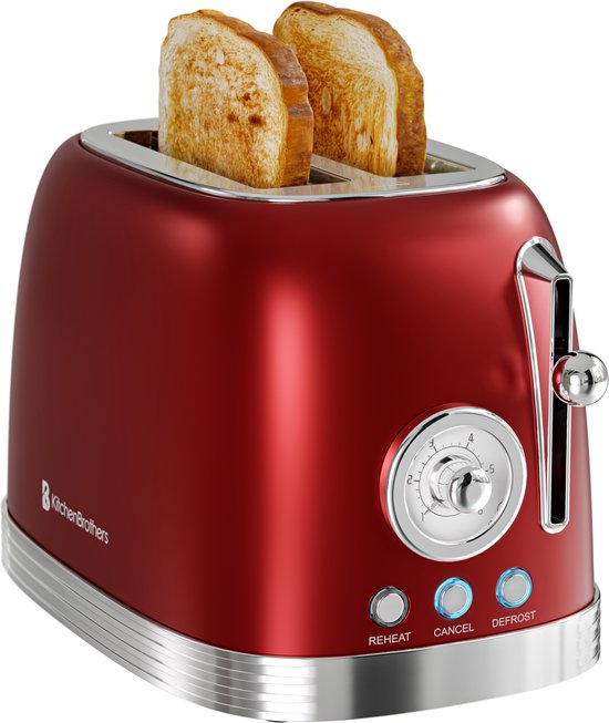 KitchenBrothers Retro Broodrooster - Toaster - 6 Warmteniveaus - 2 Extra Brede Sleuven - 815W - Rood