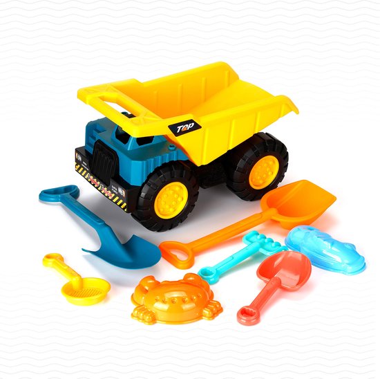 Foto: Strandspeelgoedset met kipperwagen schep zeevormsjablonen krab vis duurzaam plastic zandspeelgoed in felgekleurd zeef en hark voor strand zandbak zandset kinderen zandspeelset 8pcs