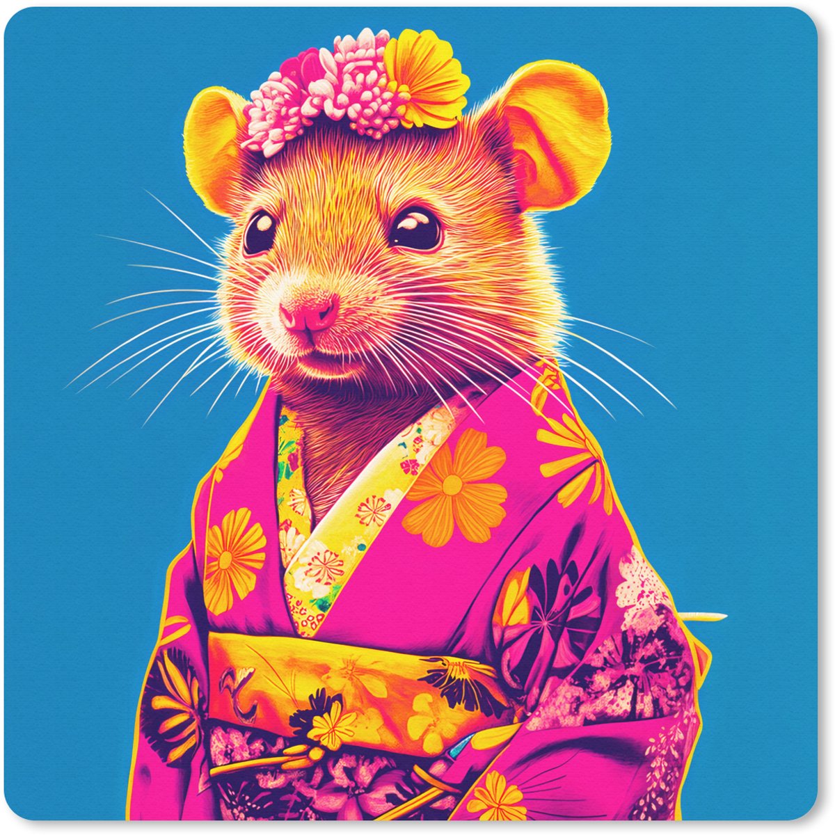 Muismat 20x20 cm - Mousepad Muis - Kimono - Bloemen - Blauw - Muismatten
