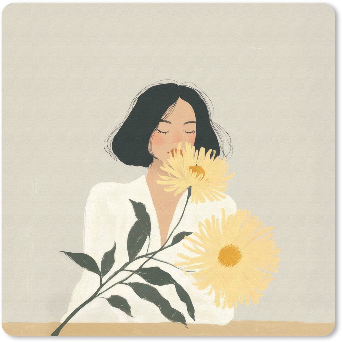 Muismat 20x20 cm - Mousepad Vrouw - Bloem - Geel - Minimalistisch - Muismatten