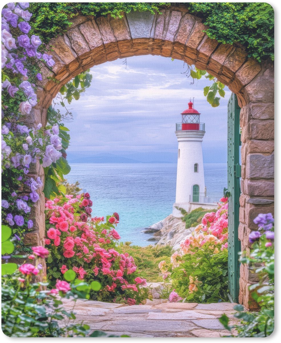 Muismat 19x23 cm - Mousepad Doorkijk - Vuurtoren - Bloemen - Uitzicht - Muismatten