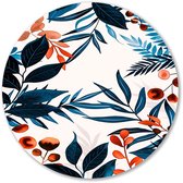 Botanische print met blauw en oranje - Planten wandcirkel - Ronde wanddecoratie bladeren - Japandi - Ronde kunst aan de muur - Kunstwerken schilderij - muurcirkel aluminium 60x60 cm