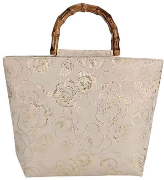 Twenty Two Handtas voor vrouwen | beige-goud bloemen patroon | met bamboe handgrepen | dames handtas | Vintage tas | ritssluiting | Elegante dames handtas | goud | geborduurd | Tote tas