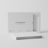 Witte verpakking met de tekst STEAMSTORY Luxury Laundry Sheets, Fragrance Free, 30 Sheets, Solid Enzyme. Stapel witte wasstrips ernaast.