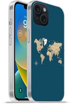 Telefoonhoesje Geschikt voor iPhone 15 hoesje - Wereldkaart - Donkerblauw - Beige - Siliconen Telefoonhoesje Telefoonhoesje