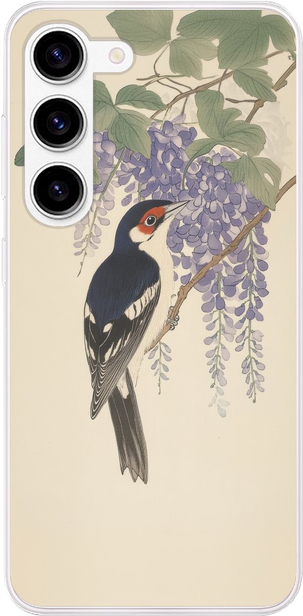 Telefoonhoesje Geschikt voor Samsung Galaxy S23 hoesje - Specht - Bloemen - Paars - Siliconen Telefoonhoesje Telefoonhoesje
