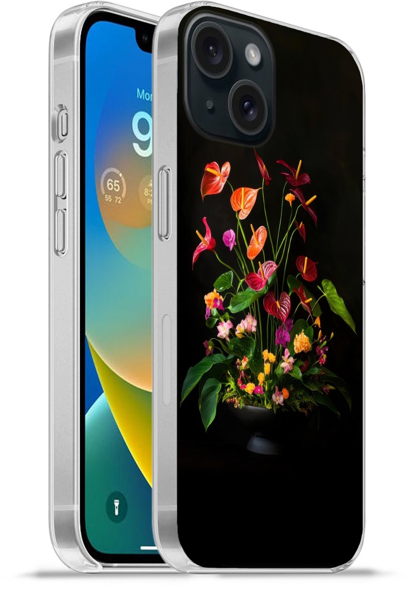 Telefoonhoesje Geschikt voor iPhone 15 hoesje - Bloemen - Vaas - Kleurrijk - Siliconen Telefoonhoesje Telefoonhoesje