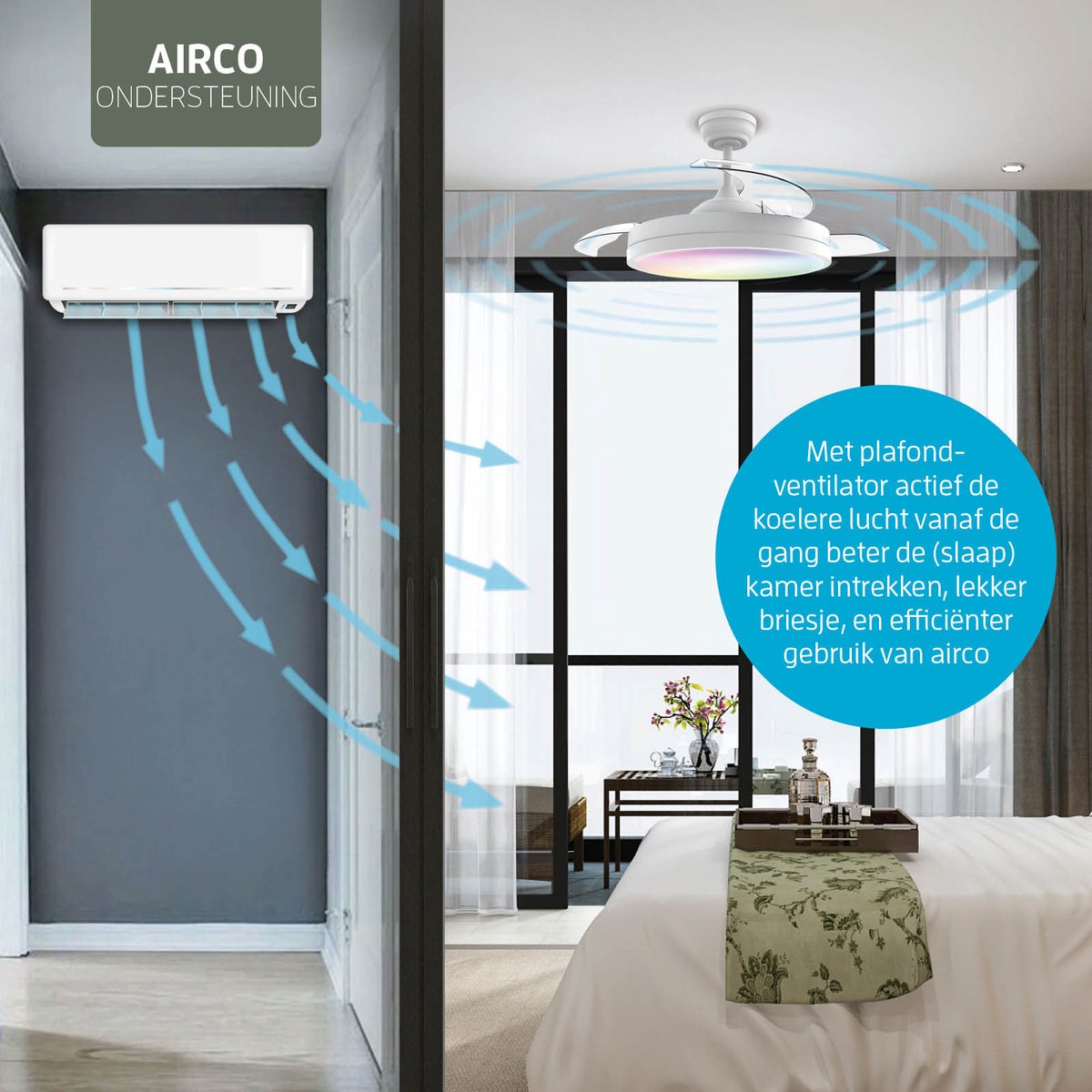 Varin® Smart Plafondventilator met verlichting - Wit - Tuya Wifi - LED 36W RGBW - Ø 50cm/108cm - Super stil - Smart lamp - Plafondlamp slaapkamer - Plafonniere woonkamer - Plafondlampen - Plafond lamp - Verlichting kinderkamer - Ventilator thumbnail 6
