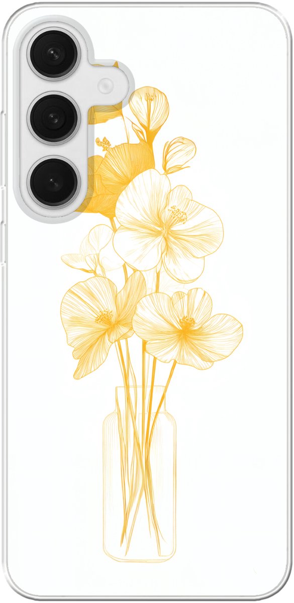 Telefoonhoesje Geschikt voor Samsung Galaxy S25 Plus hoesje - Lijntekening - Bloemen - Geel - Vaas - Siliconen Telefoonhoesje Telefoonhoesje