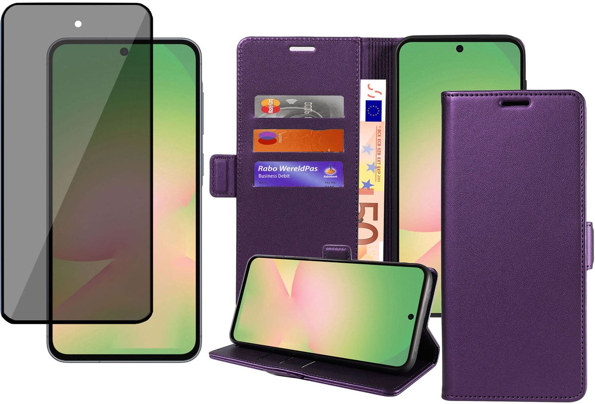 Book Case & Privacy Screenprotector geschikt voor Samsung Galaxy A17 5G / A26 Hoesje Screenprotector - Privé - Gehard Glas Cover - Magnetische Sluiting - Portemonnee Paars