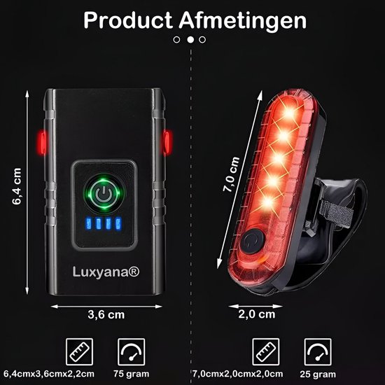 Luxyana® Premium Fietslamp XL Set - Extra Sterk Voorlicht en Achterlicht - USB Oplaadbaar Fietslicht — afbeelding 4