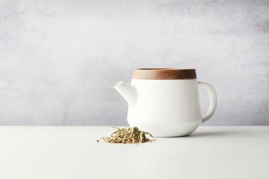 Théière en céramique avec couvercle en acacia blanc 600ml