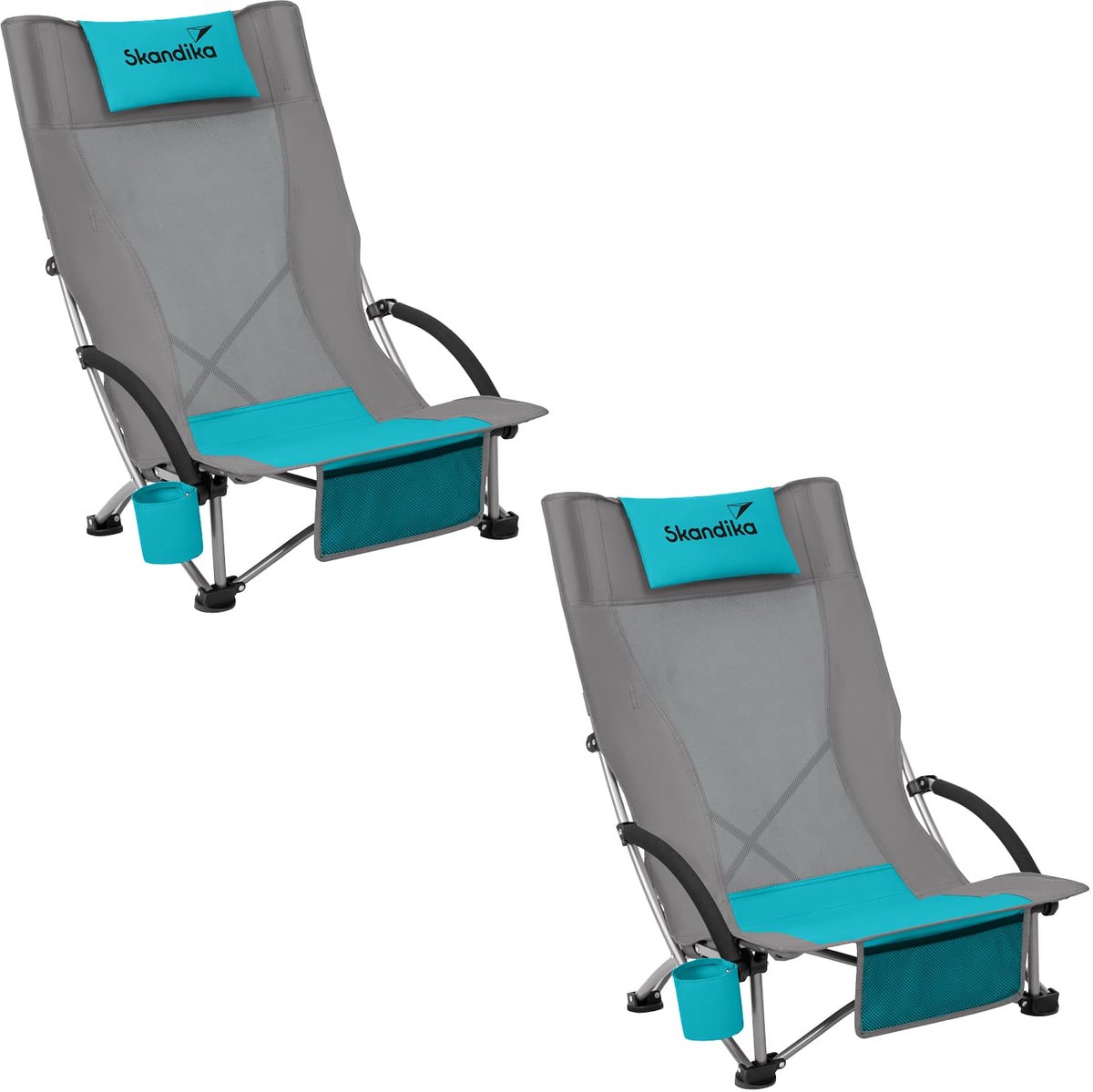 Skandika Strand Klapstoel Beach - Comfortabele strandstoel met ademende mesh, bekerhouder, laag, gemakkelijk te vervoeren, max. 136 kg | Opvouwbare campingstoel, ligstoel (grijs/blauw)