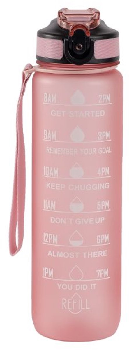 Motivatie Waterfles Rosé - 1 Liter Drinkfles - Waterfles met Rietje - Waterfles met tijdmarkering - BPA Vrij - Volwassenen - Drinkfles Kinderen - Box-On
