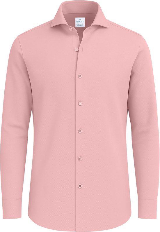 Vercate - Strijkvrij Overhemd - Japanese Knitted - Piqué Katoen - Roze - Slim Fit - Lange Mouw - Heren - Maat 39/M
