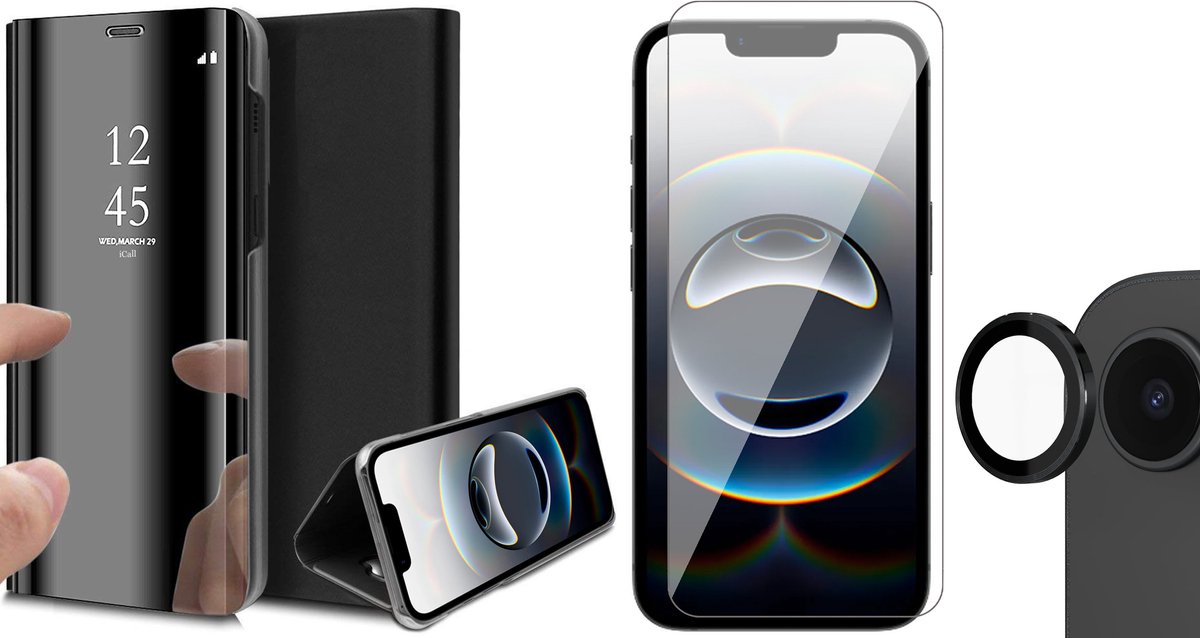 Hoesje geschikt voor iPhone 16e - Screenprotector Glas & Camera - Spiegel Book Case Zwart
