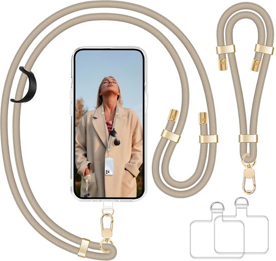 Luxe Nek & Pols Telefoonkoord Set met 4 Bevestigingsplaatjes, - Universeel GSM Lanyard Keycord Strap Verstelbaar - Crosssbody Sleutelkoord Telefoonketting - Telefoon Koord Sleutelhanger - Keykoord Pashouder - Phone Ketting Cord - Nekkoord KaKi