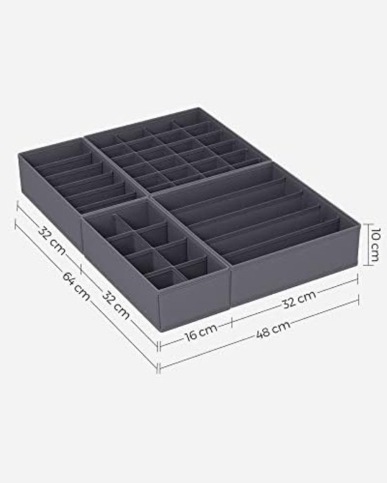 Organisateurs de tiroir gris avec compartiments. Dimensions 32x32 cm, 64 cm de large, 16x32 cm, 48 cm de large. Hauteur 10 cm.