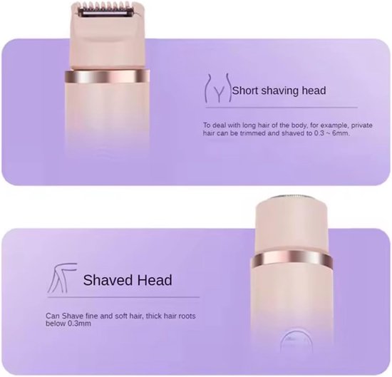 Twee opzetstukken voor ladyshave: een kort scheerhoofd en een glad scheerhoofd. Getoond met beschrijvingen.