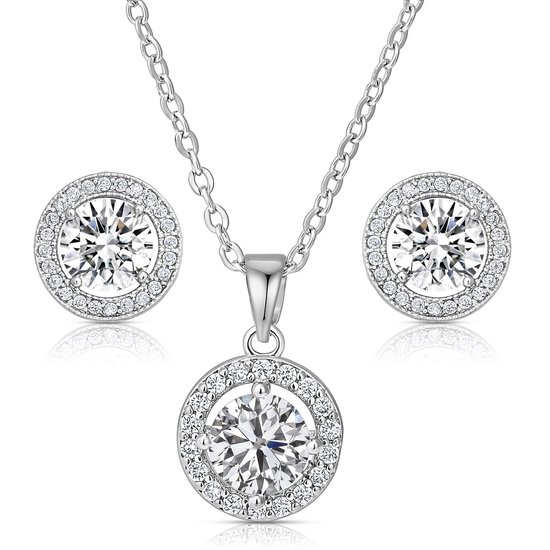 Set collier et Boucles d'oreilles ronds Juwelium réglables de 40 à 50 cm avec cristaux de zircone dans un coffret à bijoux de Luxe avec roses et ourson en roses de 25 cm dans un emballage cadeau - Cadeau Perfect pour femme, petite amie, mère, fille