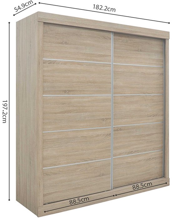 Armoire à portes coulissantes 'Mike' - Finition Sonoma | H197.5 x L182.5 x P52.5 cm - Rousseau - Armoires de chambre à coucher - Brun - MDF|Panneaux de particules - Armoires de chambre à coucher