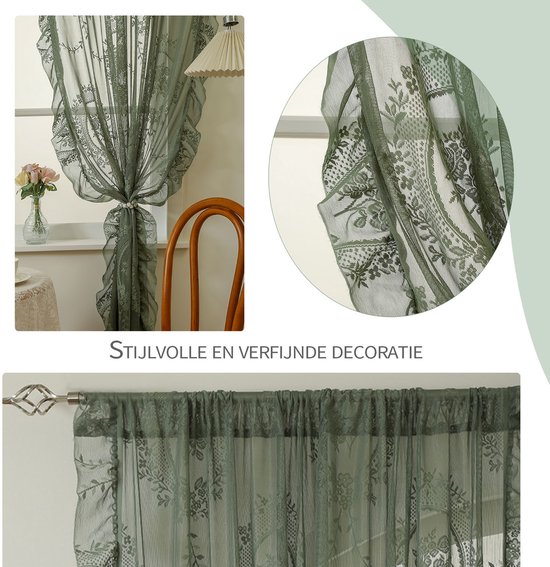 REFTTENW Set de 2 Rideaux Boho brodés en dentelle avec Rideaux Rebords, Rideaux transparents pour Cuisine, salon, couloir, style maison de campagne, vert sauge