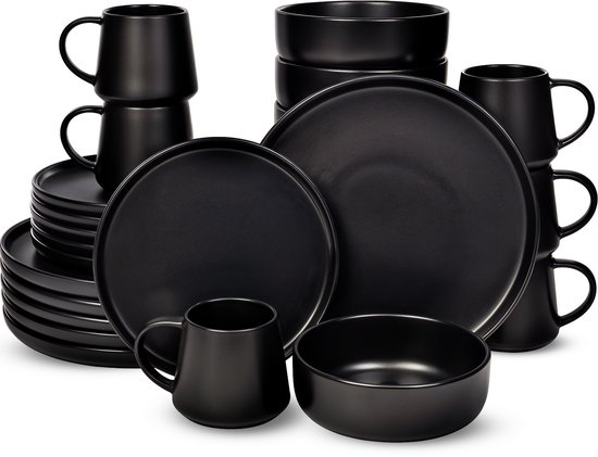 Service de table Deleca Kyoto pour 6 personnes - Tasses à café avec oreille / Bols / Grandes Assiettes et Petites assiettes - Style Japandi - Faïence Massief - Zwart mat / 24 pièces