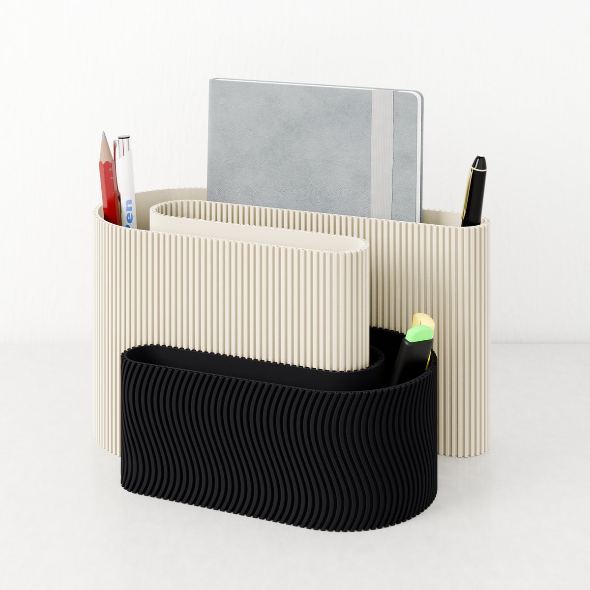 Fleuriek - Bureau organizer Beige + Zwart - Kleurrijke desk organizer - Organizer bakjes met pennenbakje voor kantoor - Decoratieve bureau opberger of pennenhouder
