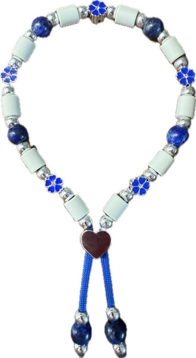 Anti-tekenband ketting - natuursteen - hond - lapis lazuli - lengte 25 cm - nekomvang vanaf 24 tot en met 27 cm - originele EM-X kralen lichtgrijs - XS - blauw/zilver- met lapis lazuli natuurstenen en metalen bedels blauw bloem met strass steentjes