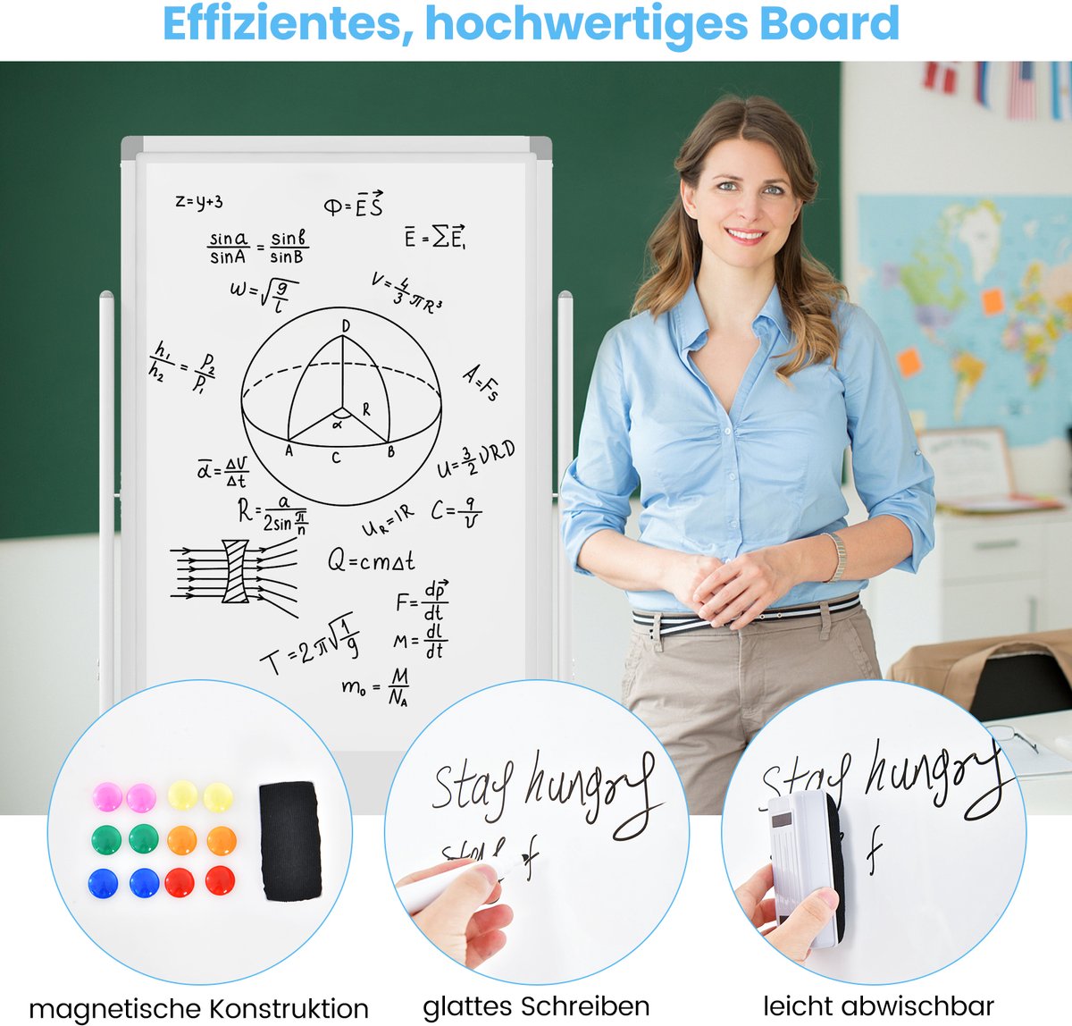 COSTWAY Dubbelzijdig mobiel whiteboard, 60 x 100 cm, in hoogte verstelbaar magnetisch whiteboard met wieltjes, standaard en pennenbakje, incl. accessoires voor school, kantoor, thuis (wit) thumbnail 3