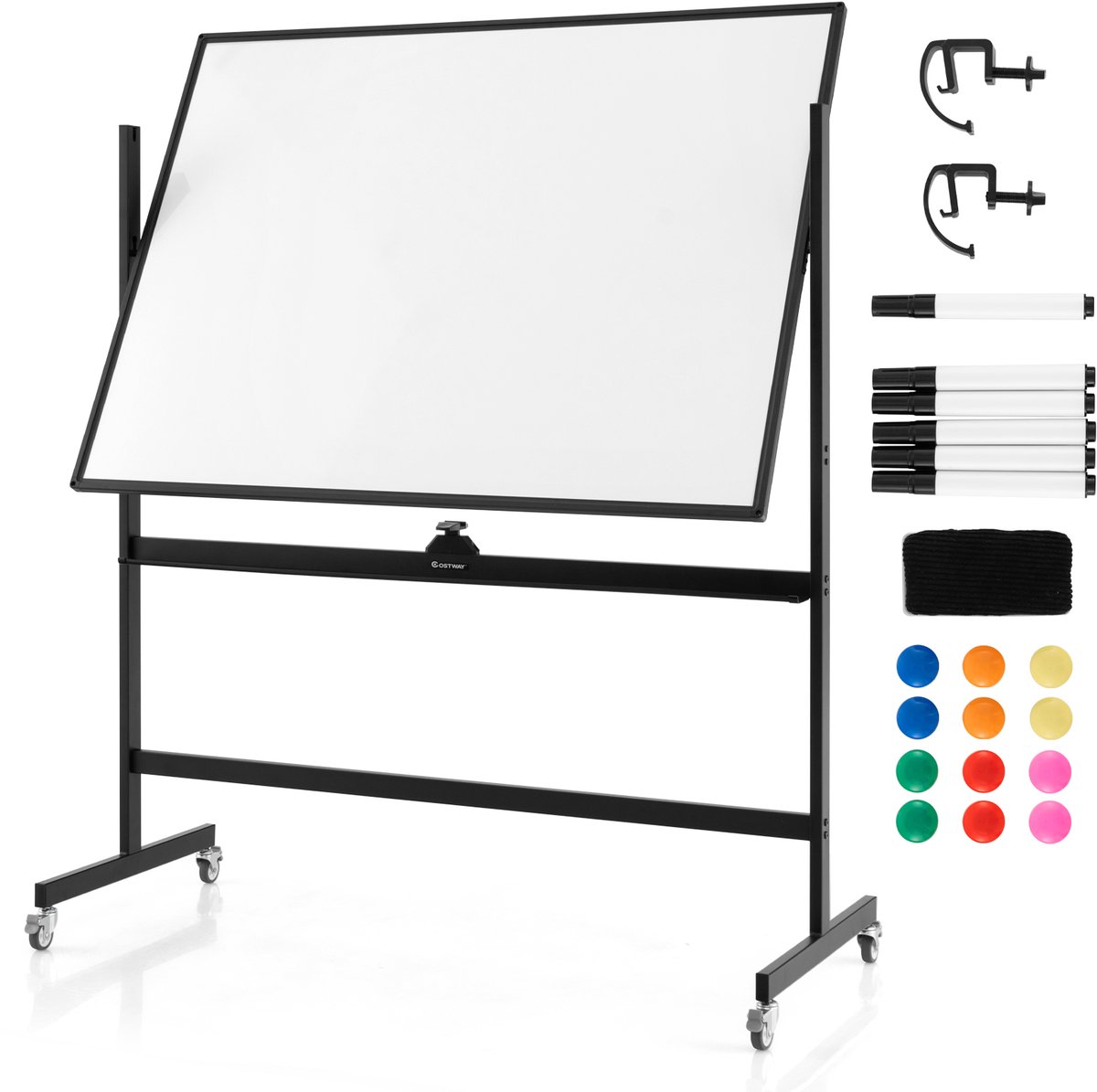 COSTWAY Mobiel whiteboard met standaard, 90 x 120 cm, dubbelzijdig magneetbord, in hoogte verstelbaar en 360° draaibaar, magnetisch whiteboard met wielen, whiteboard, afwasbaar, beschrijfbaar, incl.
