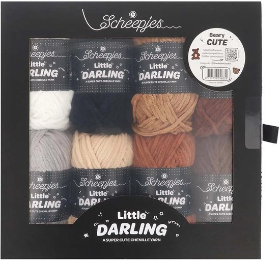 Emballage de 8 pelotes de fil Scheepjes Little Darling, collection Beary Cute, dans diverses teintes terreuses.