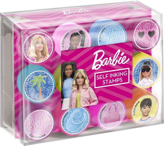Emballage de 12 tampons auto-encrés Barbie. Diverses images de Barbie, de ses amies et de symboles.