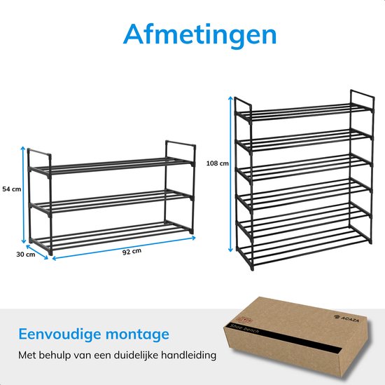 ACAZA Schoenenrek - Schoenenkast - Set van 2 - Voor 24-30 paar schoenen - 92 x 30 x 54 cm - Metaal - Zwart