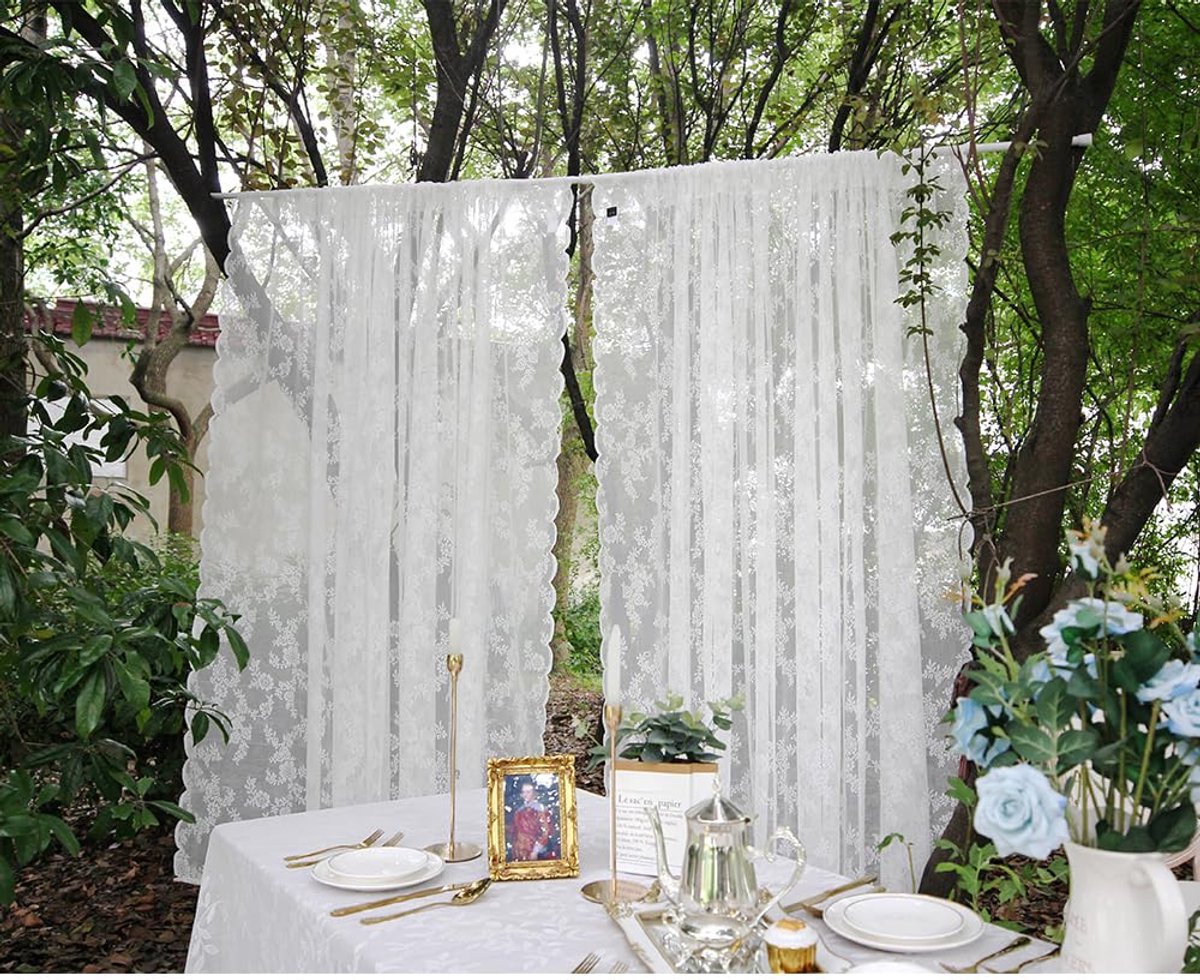 Unyqoos ® Geraffineerde Witte Kanten Gordijnen met Geborduurde Bloemen voor Elegante Raamdecoratie, Set van 2, 150 x 200 cm