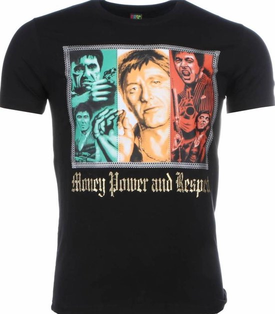 T-shirt - Scarface Money Power Respect Print - Zwart