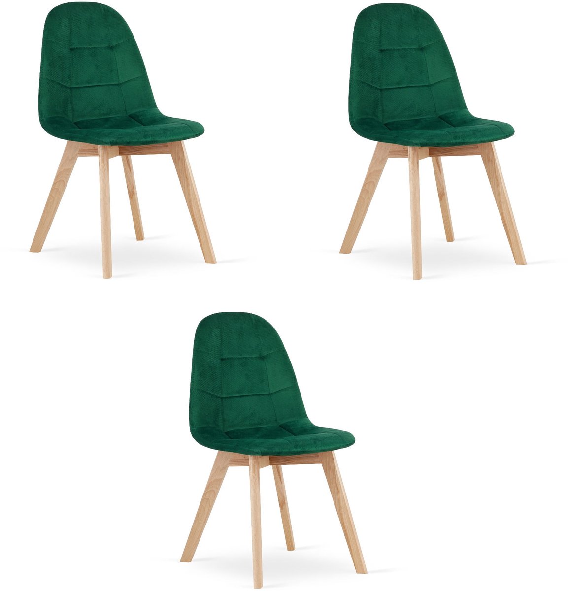 BORA Velvet Design Stoelen – Set van 3 – Donkergroen Fluweel – Scandinavisch Design – Beukenhouten Poten – Modern & Ergonomisch
