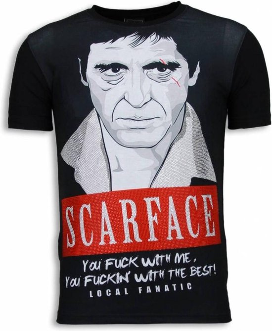 Scarface Red Scar - Digital Rhinestone T-shirt - Zwart