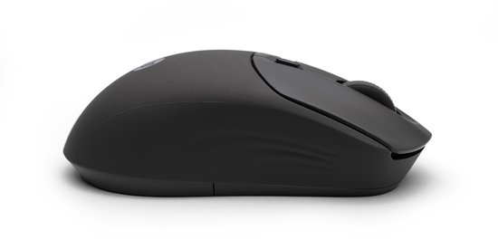 Zwarte HP muis met scrollwiel en zijknop, van de zijkant gezien.