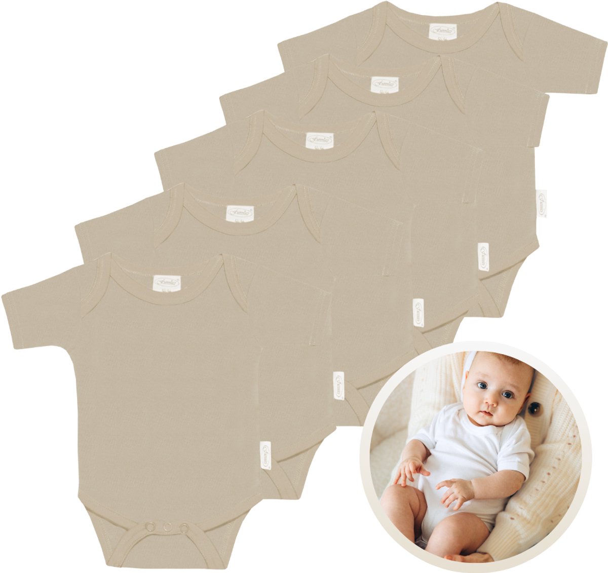 Funnies Rompertjes 5-Pack Cream - 62-68 - Set van 5 Zachte Babyrompers / Boxpakjes / Babybody's - Gemaakt van Comfortabele en Ademende Stoffen - Perfect voor Dagelijks Gebruik bij Baby’s - Makkelijk aan en uit te trekken en Wasmachinebestendig