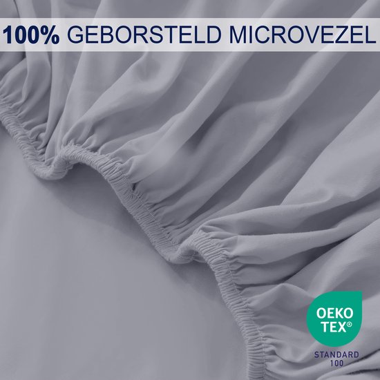Détail d'un drap plat gris avec bord élastique, en 100% microfibre brossée.