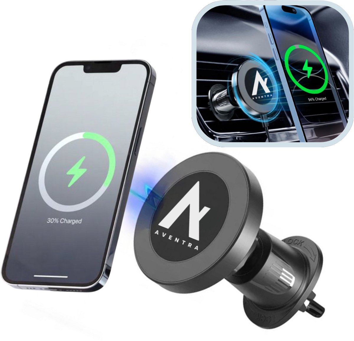 Aventra® Telefoonhouder Auto met Qi Draadloze Oplader - 15W Wireless Car Charger - Snellader - GSM Houder Autolader - Autohouder Geschikt voor MagSafe - 360° Draaibaar - Ventilatierooster - Auto Accessoires