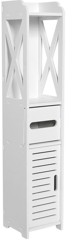 Smalle witte badkamerkast met decoratieve X-vormige panelen, een lade en een open lamellen-deur.