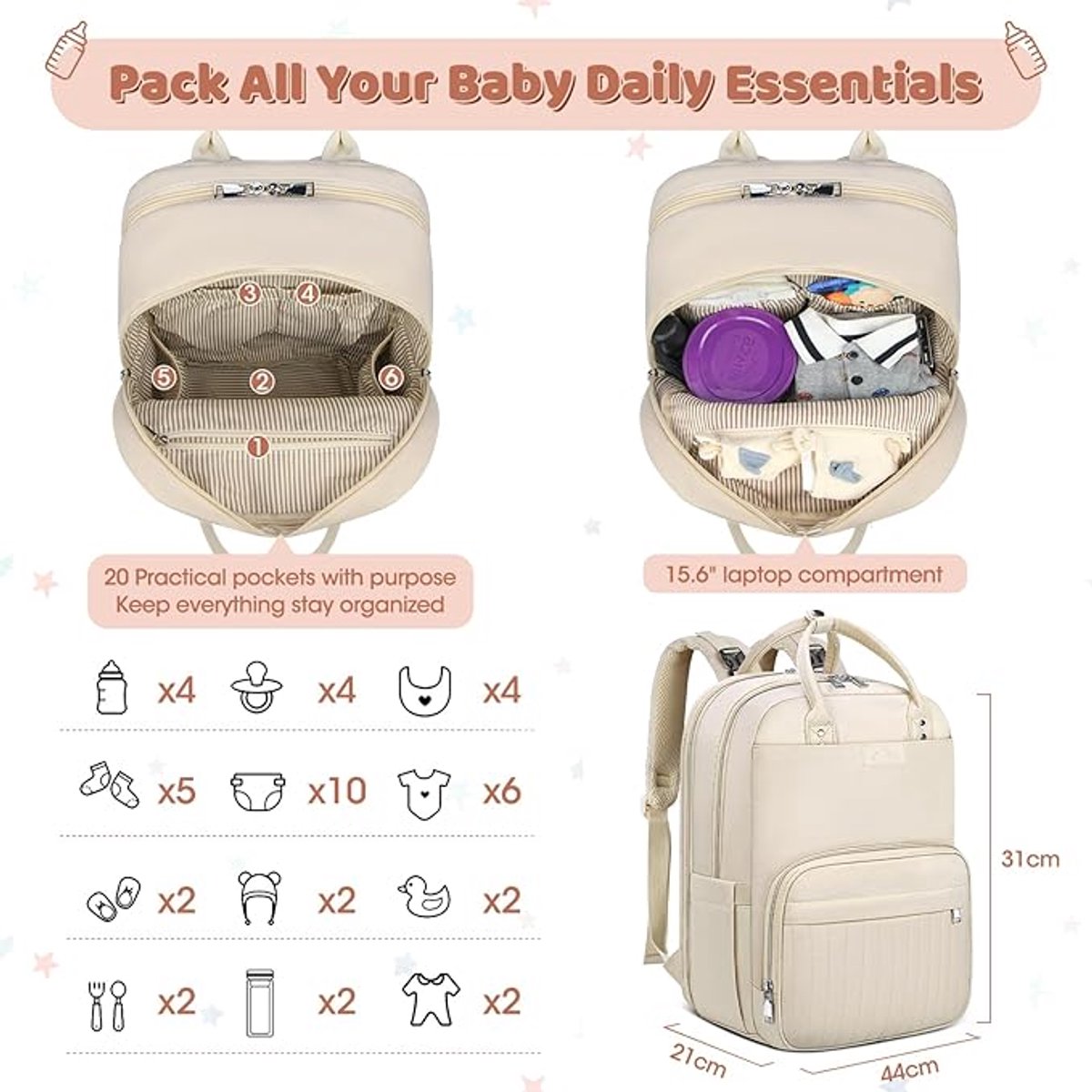 Famanu - Luierrugzak voor baby's, grote luiertas, babytas, rugzak met kinderwagenriemen en luieronderlegger, voor onderweg, Beige – foto 5