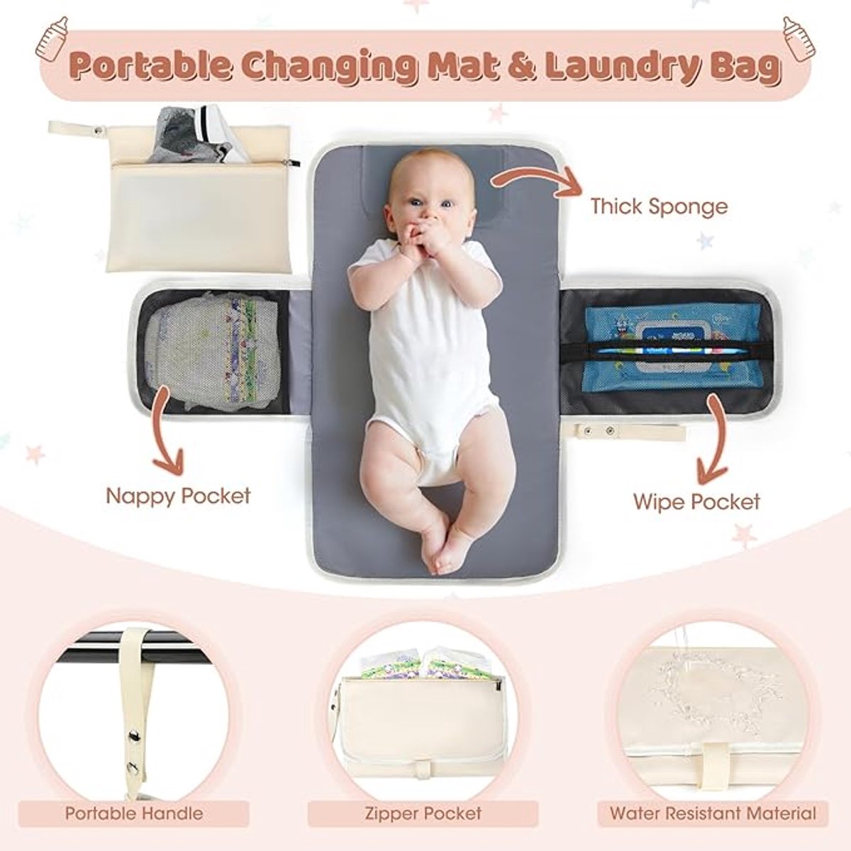 Famanu - Luierrugzak voor baby's, grote luiertas, babytas, rugzak met kinderwagenriemen en luieronderlegger, voor onderweg, Beige – foto 6