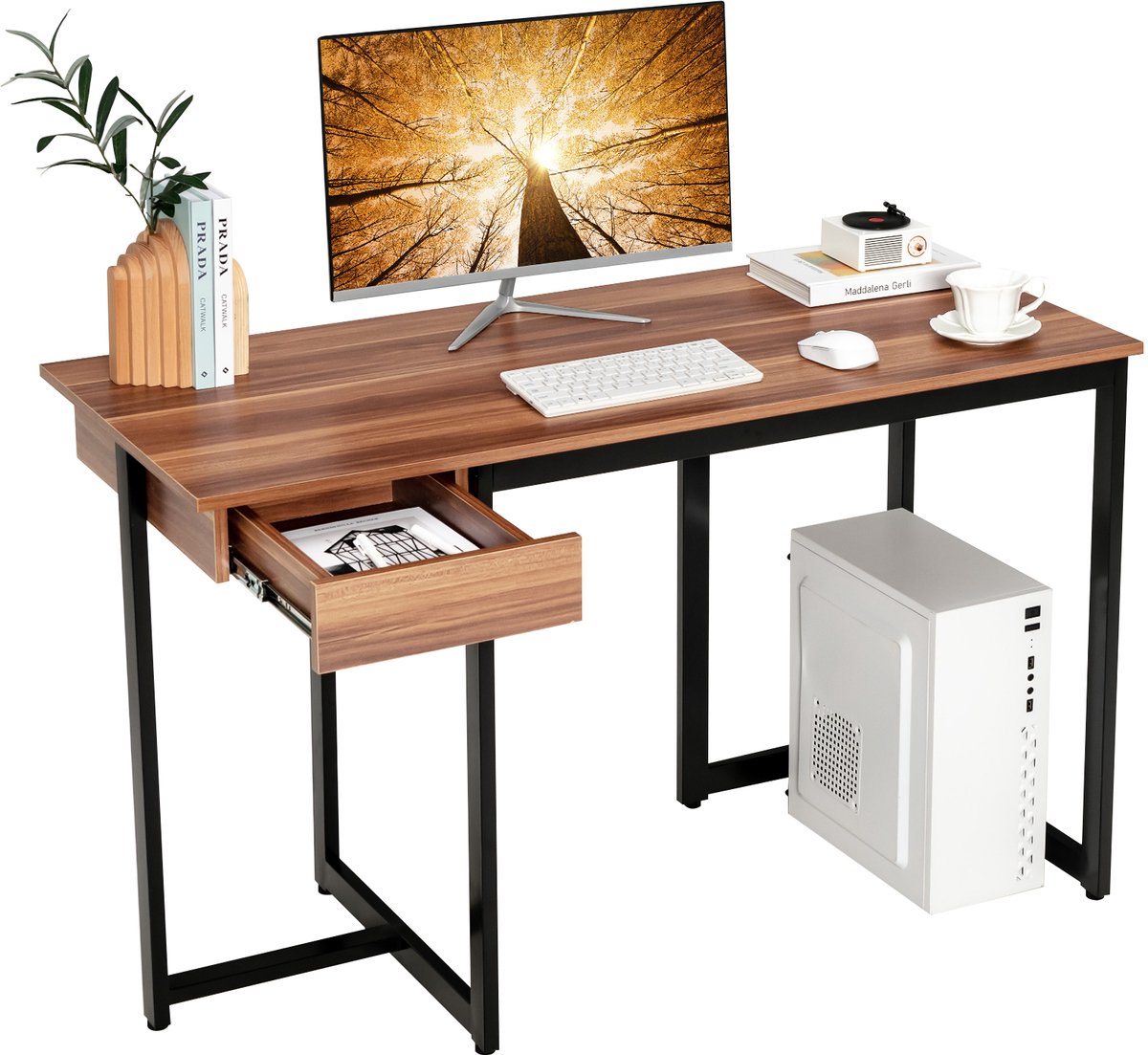 Costway Computertafel, hout, walnoot, 120 cm x 55 cm x 75 cm