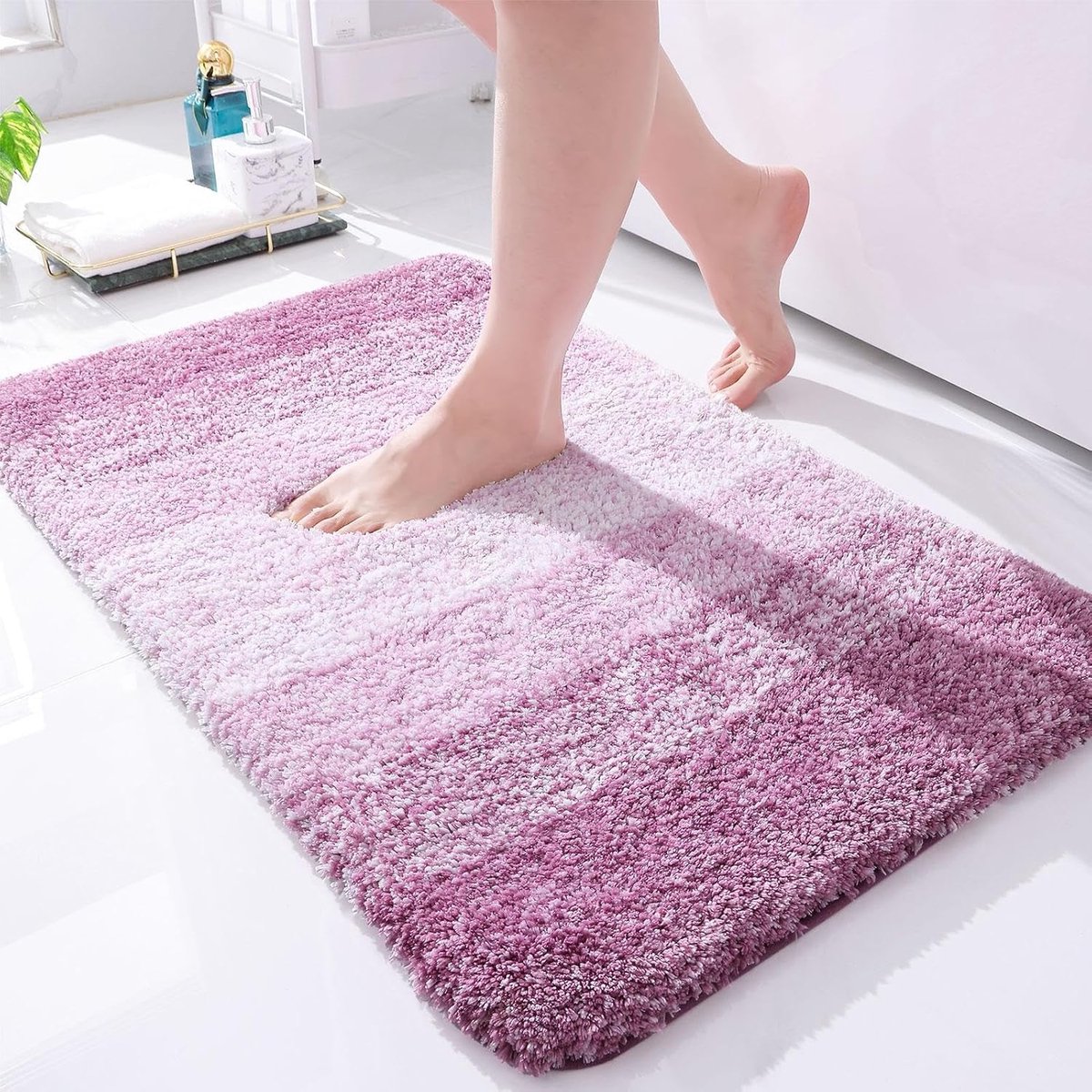 Famanu - Zacht badkamertapijt, 40 x 60 cm, antislip, wasbaar, badmat, hoogpolig, badmat, microvezel, absorberend, lila