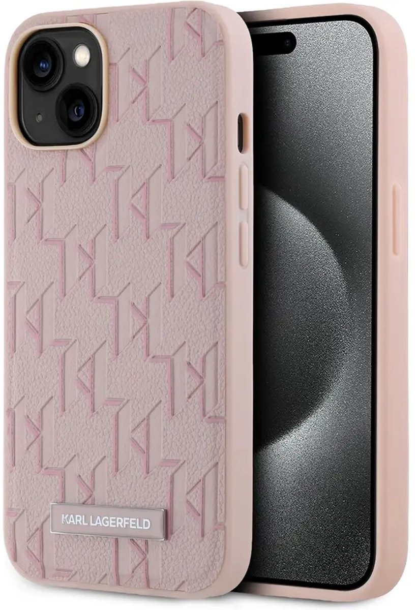 Karl Lagerfeld iPhone 14 en iPhone 13 Magsafe - Monogram Metal Logo - Roze